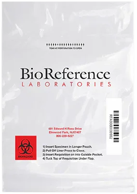 A clear plastic bag from BioReference Laboratories with a biohazard symbol.