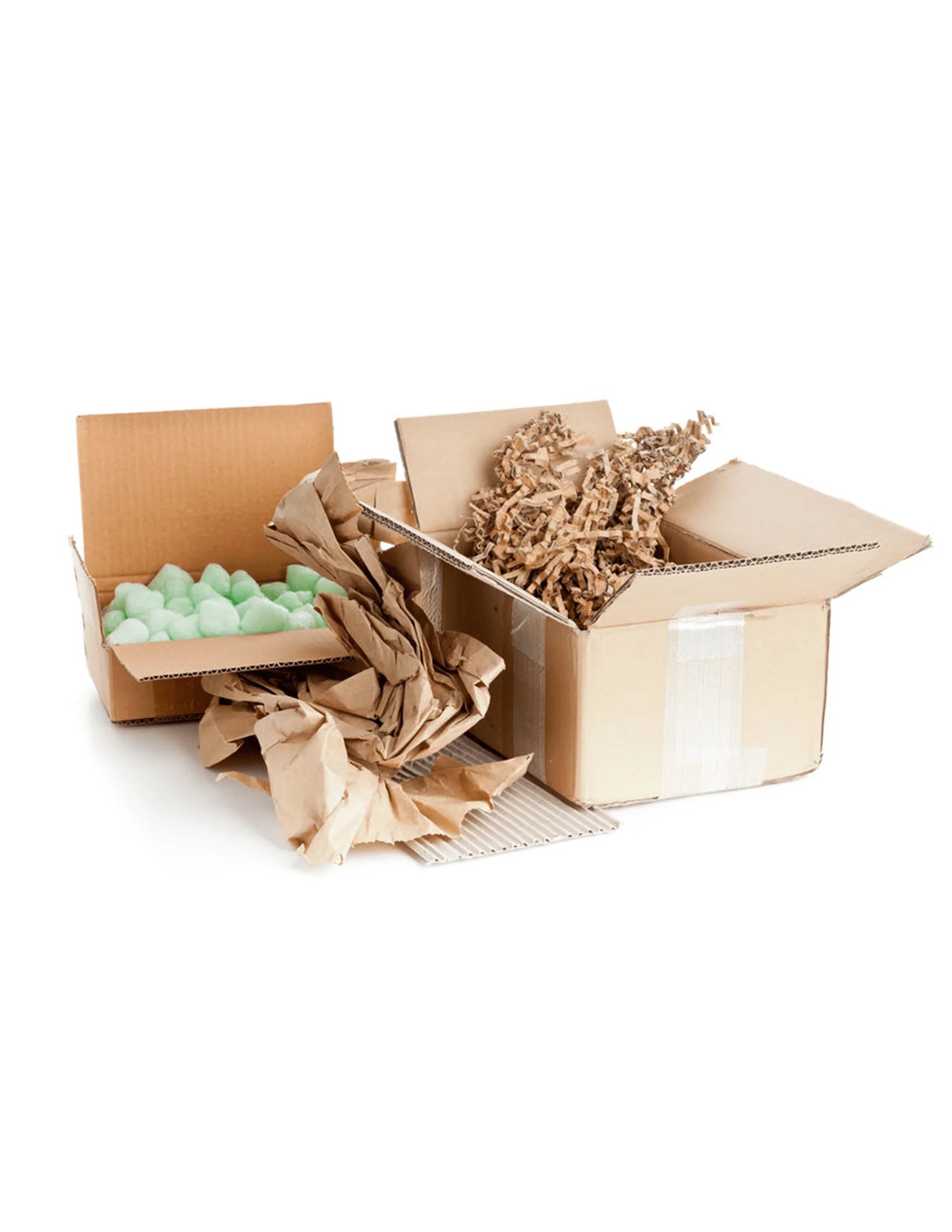 Open cardboard boxes filled with packing materials.