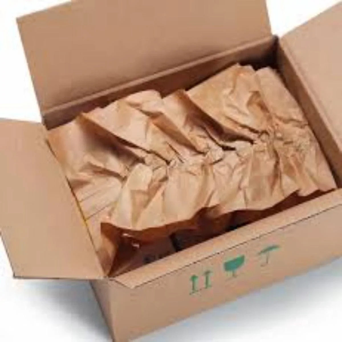 Open cardboard box filled with crumpled brown paper.